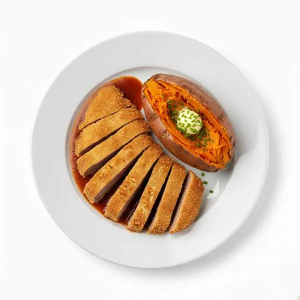 Breaded Beef Escalope With Piquant Sauce & Jacket Sweet Potato